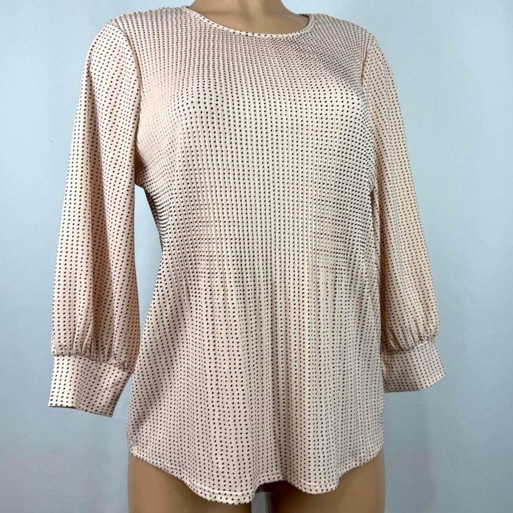 Adrianna Papell 3/4 Sleeve Pink Black Polka Dot Pleated Miss Crepe Blouse Small